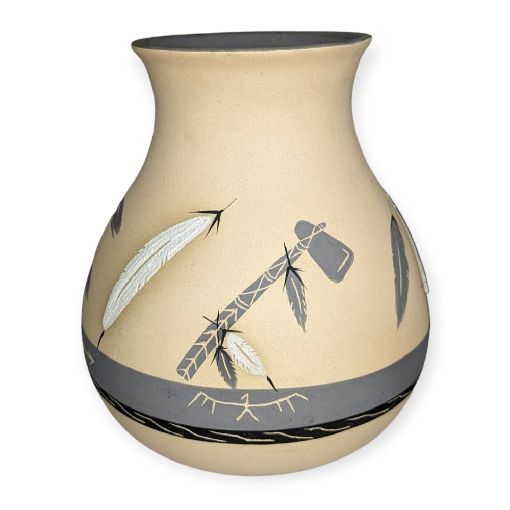 Vintage Artist Grey Feather Ceramic Desert Pueblo Hand Painted Stoneware Vase